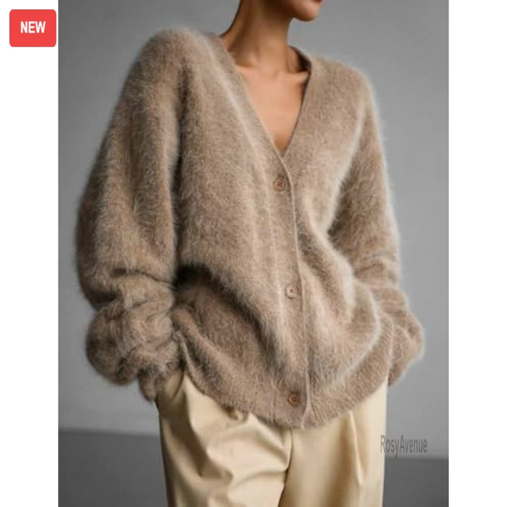 Women's Fuzzy V-Neck Cardigan Sweater Long Sleeve Button Down Slouchy Knit - Picture 3 of 8